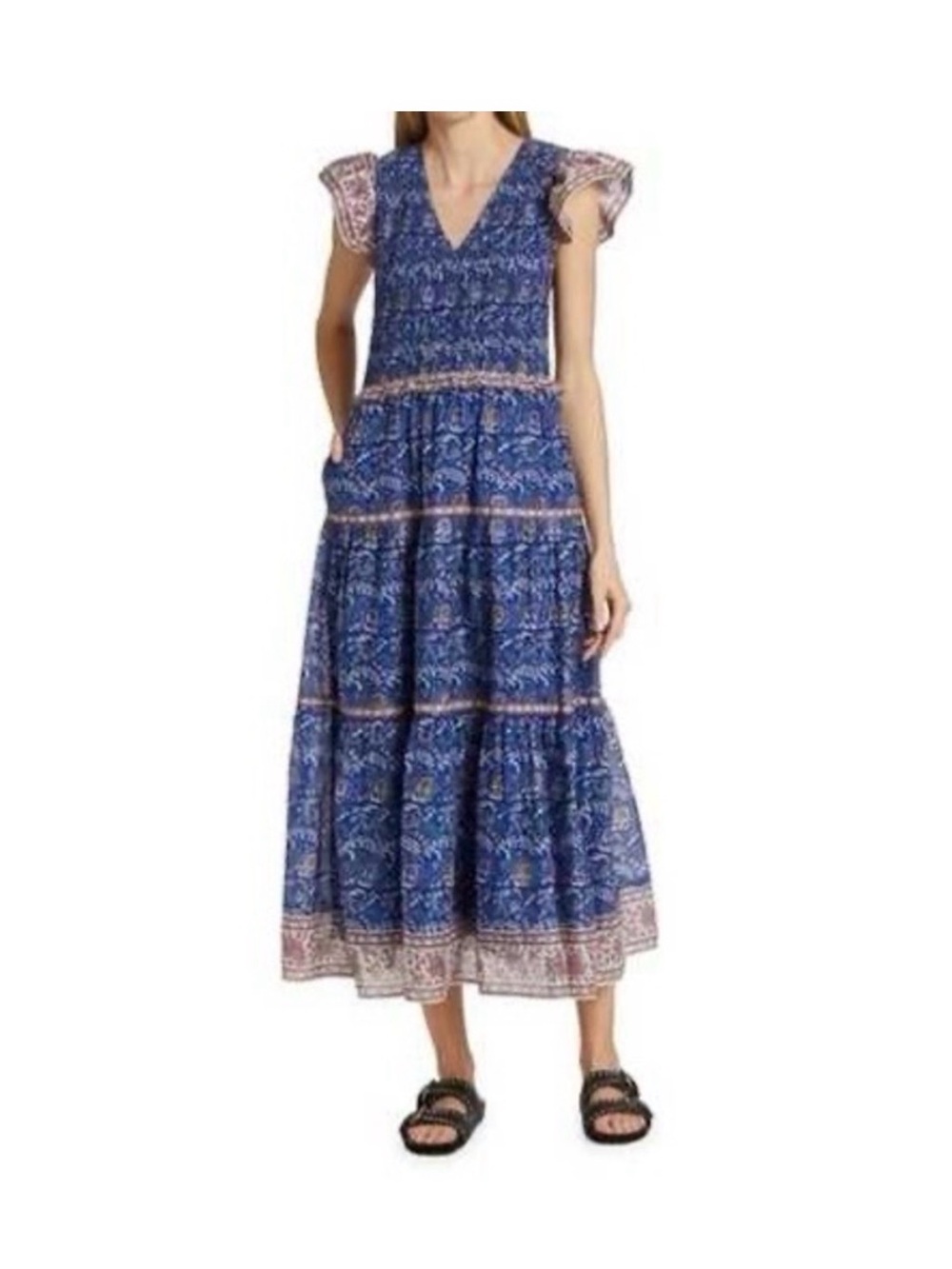 Sea New York Blue Printed V-Neck Tiered Midi Dress with Pink Trim Size 6